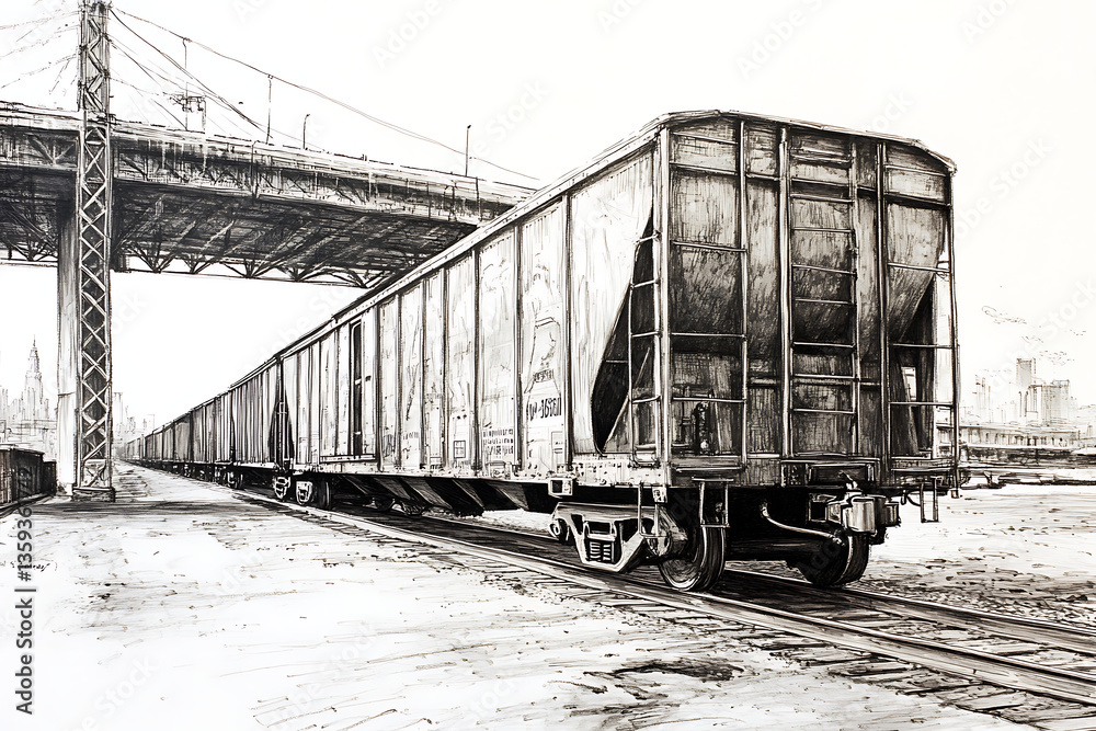 Fototapeta premium An artistic railway sketch featuring a lone train car under a vast steel bridge captured in soft tones 