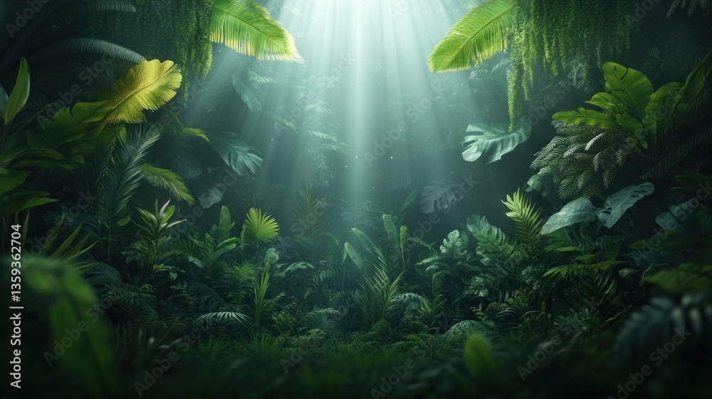Fototapeta premium Lush jungle scene, sunlight filtering through canopy