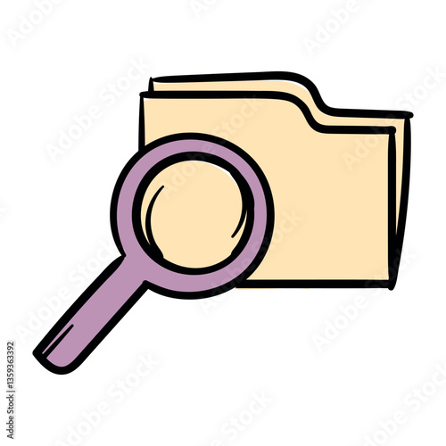 Search for files. Magnifying glass and folder. A simple vector hand-drawn icon for the design of a website, application, flyer. Illustration isolated on white background