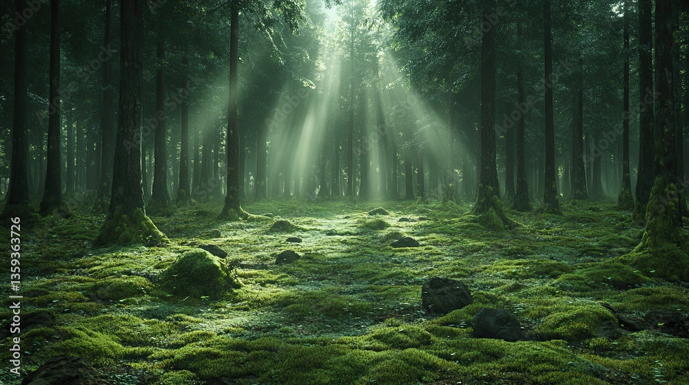Obraz premium Beautiful rays of sunlight piercing through a lush green forest