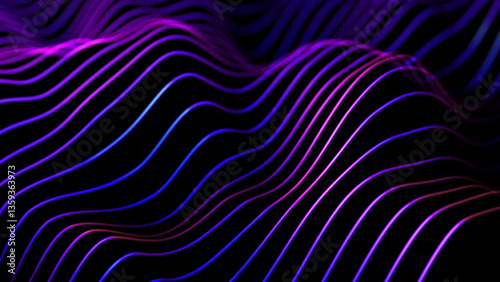 3D ultraviolet sound waves flowing in virtual space. Digital technology concept: artificial intelligence (AI) or big data analysis visualization. Sound waves equalizer, looped video, black background