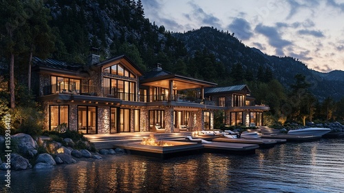 Luxury waterfront property featuring boat slips, expansive decks overlooking calm waters and majestic mountains 