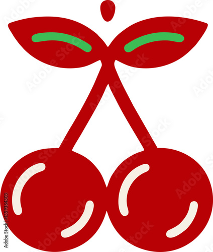 Minimalist Red Cherry logo, This image showcases a minimalist and modern illustration of two cherries.The cherries are depicted in solid red with soft, white highlights to suggest their glossy texture