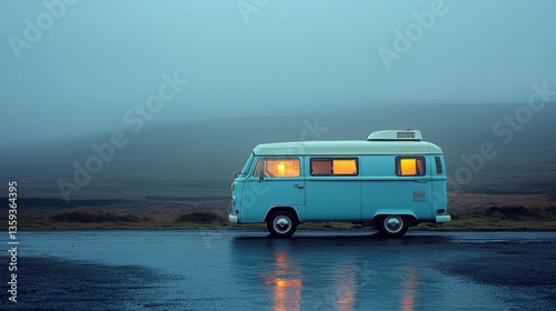 Vintage campervan on a misty road