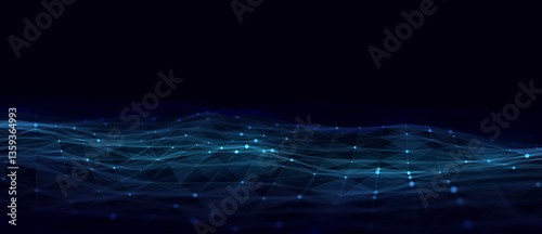 Dynamic blue wave of particles and lines. Abstract futuristic background. Big data visualization. 3D rendering.