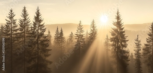 Sun rays illuminating a misty forest landscape with pine trees at sunrise