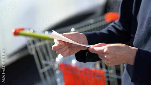 Customer hold receipt bill. Buyer checks. Shopping cart on background. Paper receipt on shopping supermarket. Expensive total. Cash register. Money spending on Hypermarket. Family budget. Check bill.