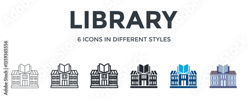 Library  Icon In Different Style Vector Illustration. Designed In Thin Line, Regular Line, Bold Line, Glyph, Color Fill, And Flat Style Can Be Used For Web