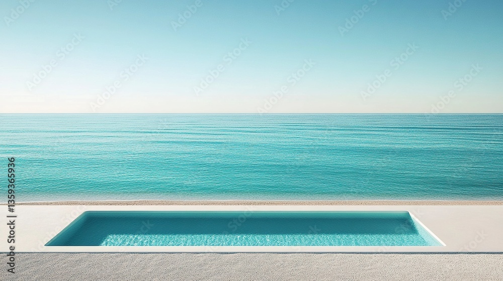 Fototapeta premium Minimalist beachfront home, seamless design, infinity pool merging with turquoise waters, sandy beach below 