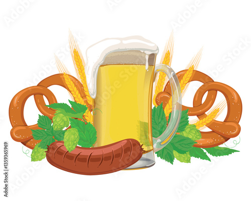 Composition of foaming beer, hops, barley ears, sausages and traditional German pretzels. Vector illustration for Oktoberfest festival. Clipart for invitation.