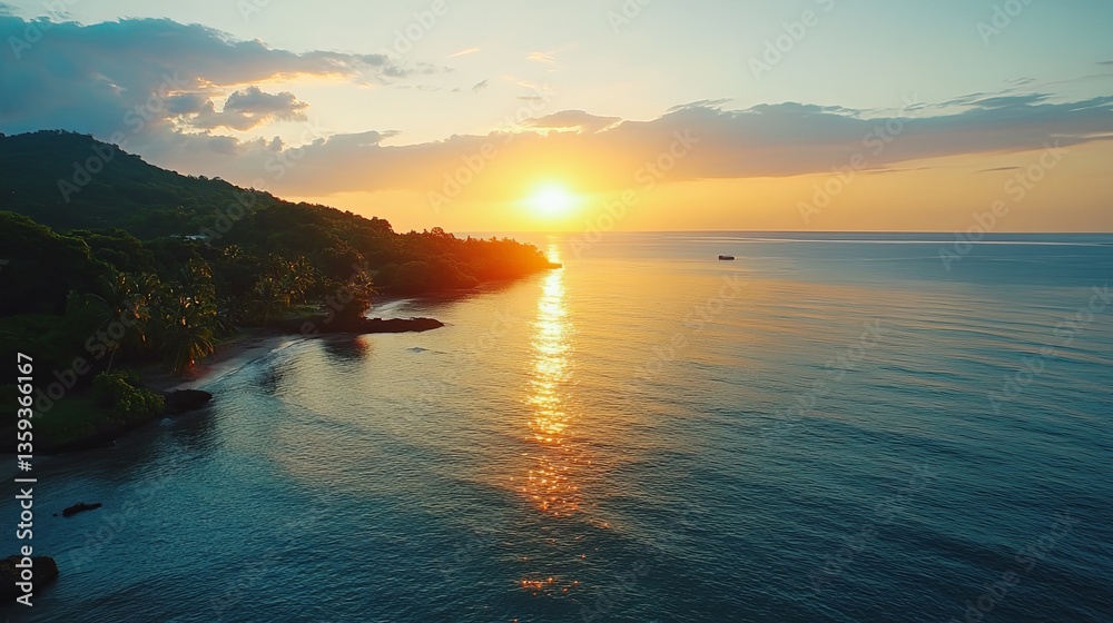 Fototapeta premium Sunset reflecting on calm waters at a tropical beach with lush greenery and distant hills in the background