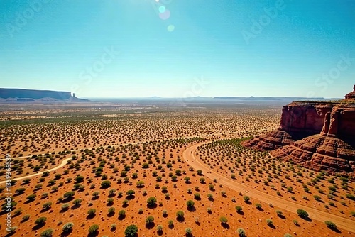 Aerial view of vast Texas desert landscape under clear blue sky,  desolate,  desert
