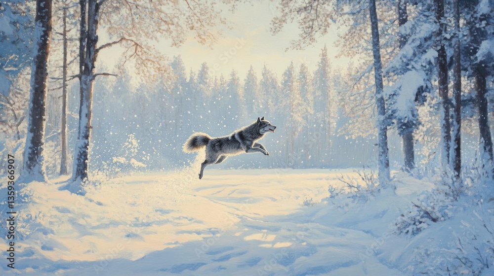 Obraz premium A wolf leaps through a snowy forest, capturing the essence of winter's beauty and wildlife.
