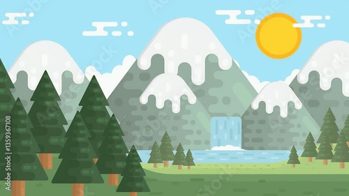 2D illustrated Landscape Scene of a Beautiful Waterfall Among The Mountains