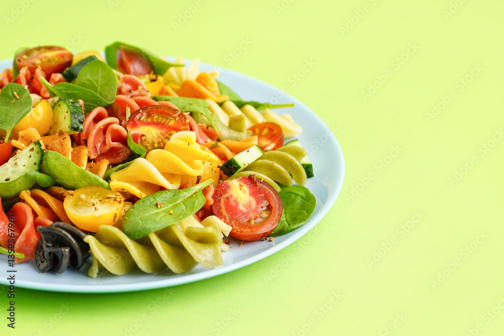 Plate with Italian pasta salad on green background Plate with Italian pasta salad on green background