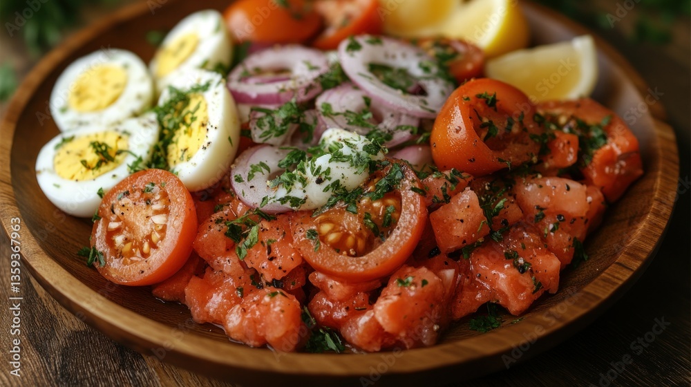 Colorful salad with hard-boiled eggs, tomatoes, and onions Colorful salad with hard-boiled eggs, tomatoes, and onions