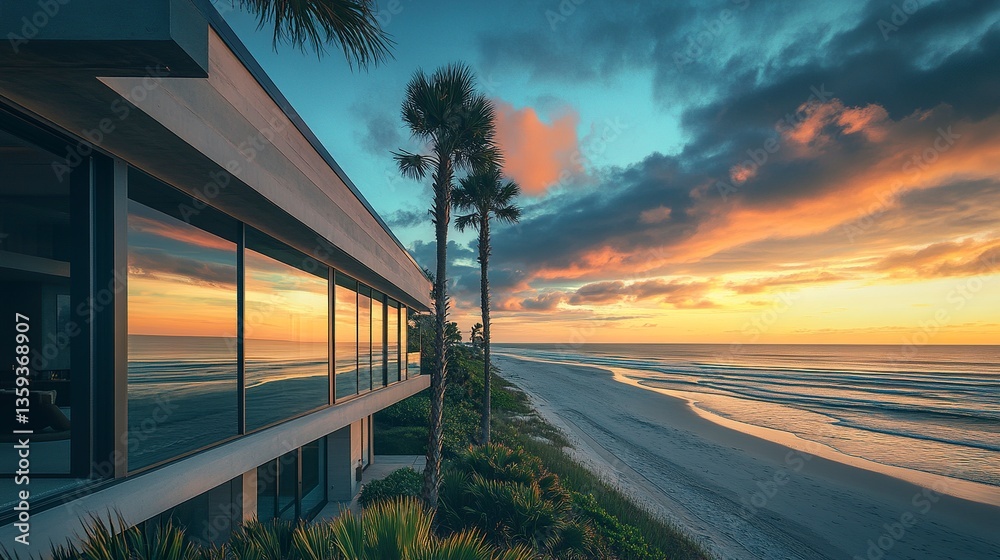 Modern beachfront estate in Ponte Vedra, Jacksonville, large windows reflecting golden hour skies, tropical palms and sandy shore framing the home, drone view, serene luxury. Modern beachfront estate in Ponte Vedra, Jacksonville, large windows reflecting golden hour skies, tropical palms and sandy shore framing the home, drone view, serene luxury.