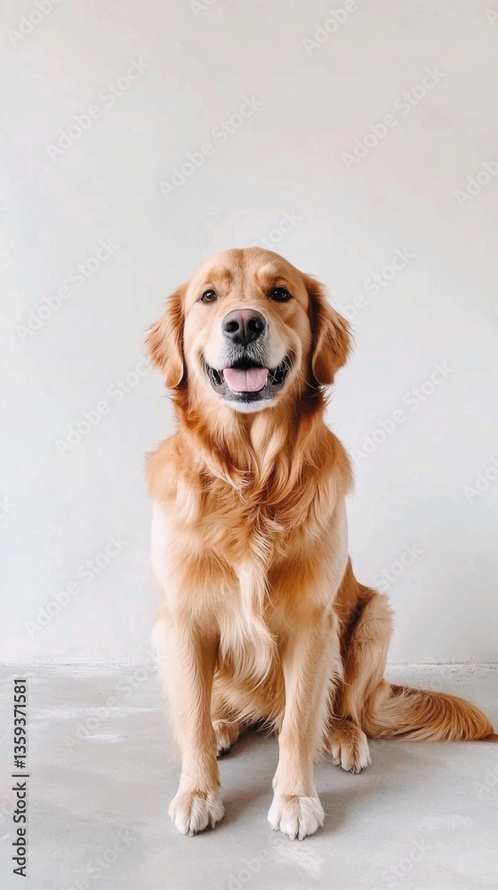 Cute happy dog sitting and posing on white background, Golden Retriever dog