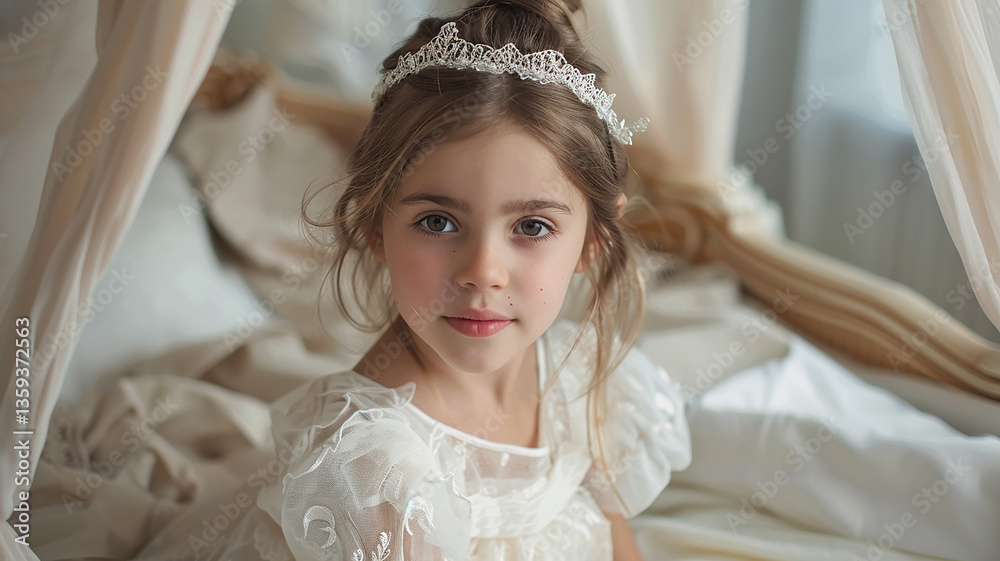 Fototapeta premium princess girl in delicate colors home portrait in a cozy bedroom