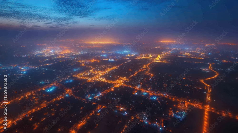 Fototapeta premium Aerial view of a city illuminated at night, showcasing urban lights and structures.