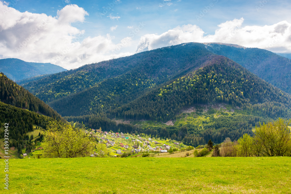 mountainous countryside landscape with synevyr village in the valley. amazing carpathian adventure. cloudy weather. rural fields and meadows on the forested slopes of a hill. rolling scenery in spring