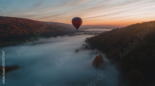 Colorful hot air balloon epic flying above mountain over the fog at sunrise with beautiful sky background - High altitude aerial drone wide view