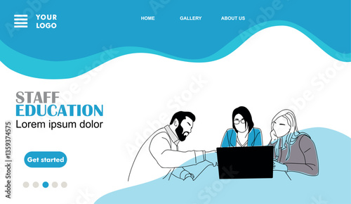 Staff education business concept landing page. Website template with business man coach teaching new employees. Flat graphic outline vector illustration in black and blue colors.