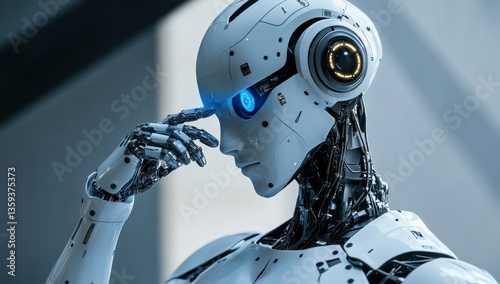 Photo of an AI robot with blue eyes and a silver body