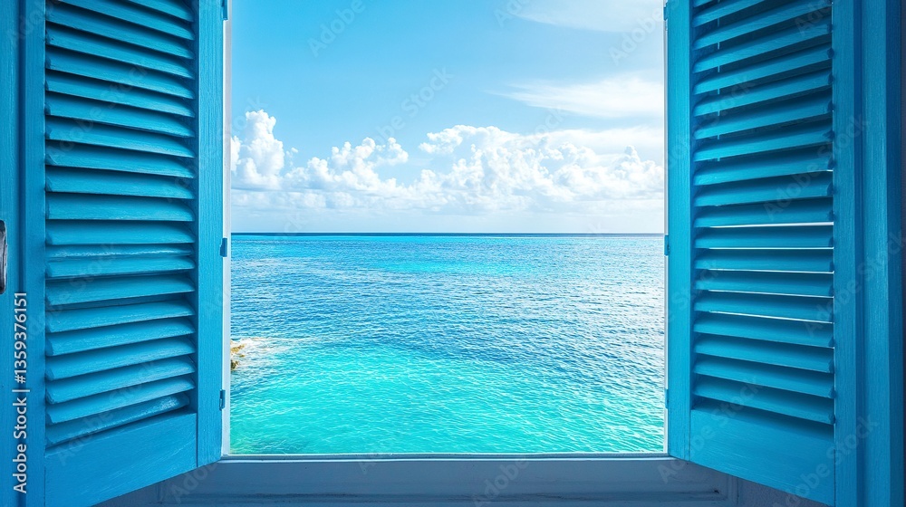 Fototapeta premium Open shutters painted in vibrant blue, framing an expansive ocean view, sunny day with sparkling water under a clear sky, wide-angle capturing timeless serenity. 