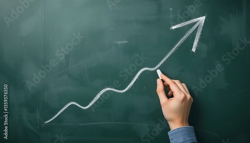 Drawing Upward Trending Arrow with Chalk on Green Blackboard Success Concept