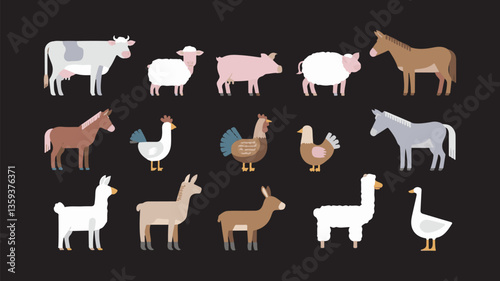 Farm Animals Flat Design Cow, Sheep, Pig, Horse, Chicken, Llama, Donkey, and Goose Set