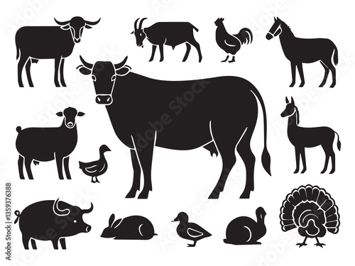 Farm Animals Silhouettes Collection Cow, Horse, Pig, Chicken, Goat, Sheep, Rabbit, Duck