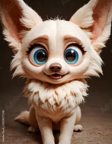 A cute, big-eyed dog sits on a brown surface with an dark background, looking straight ahead with a joyful expression.