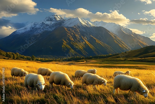 Flock of sheep grazing in a misty green meadow with mountains in the background