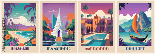 Set of Travel Destination Posters in retro style. Hawaii, Morocco, Bangkok, Phuket, Thailand landscape prints. Exotic summer vacation, holidays concept. Vintage vector colorful illustrations.