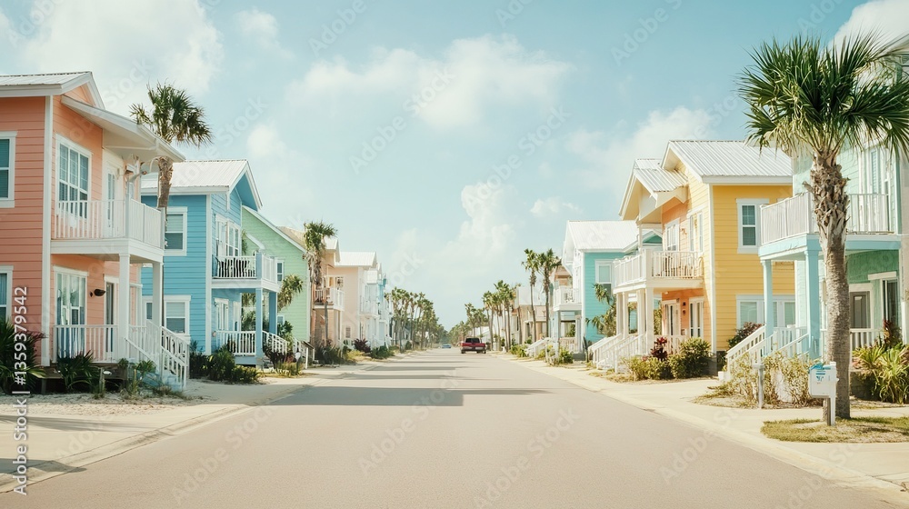 Fototapeta premium Rows of identical rental homes with coastal-inspired architecture, sandy streets and bright skies, a cheerful and inviting setting, wide-angle showcasing idyllic beachside living. 
