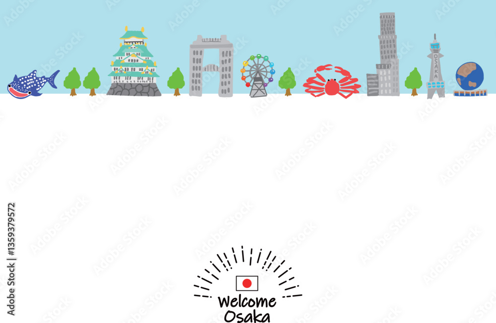 Naklejka premium 大阪の観光地の街並みフラットイラスト