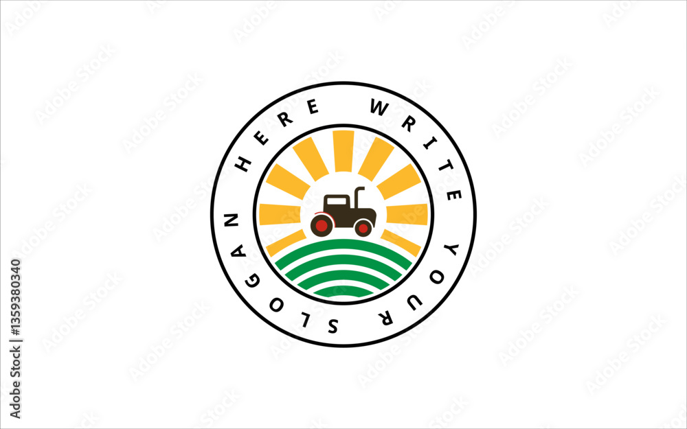 Obraz premium Farm Logo with Tractor Sun and Field Combination Vector.