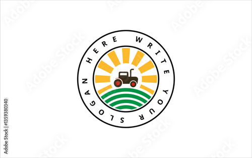 Farm Logo with Tractor Sun and Field Combination Vector.