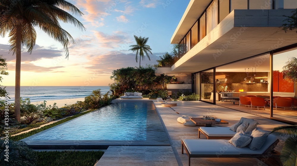 Fototapeta premium Sleek beachfront home in Ponte Vedra, Jacksonville, stylish pool deck overlooking the ocean, tropical gardens surrounding the property, vibrant and tranquil vibe, late afternoon light. 