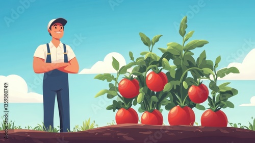 A farmer stands proudly next to a tomato plant laden with ripe tomatoes, showcasing a bountiful harvest under a bright blue sky