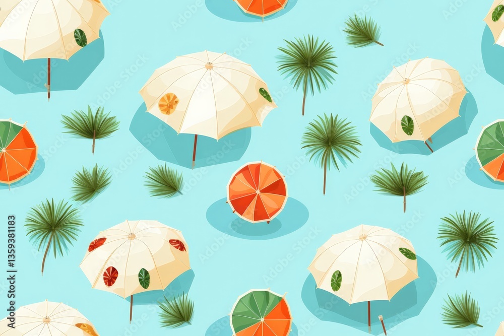 Beach umbrellas and palm trees creating a relaxing summer vibe seamless pattern Beach umbrellas and palm trees creating a relaxing summer vibe seamless pattern