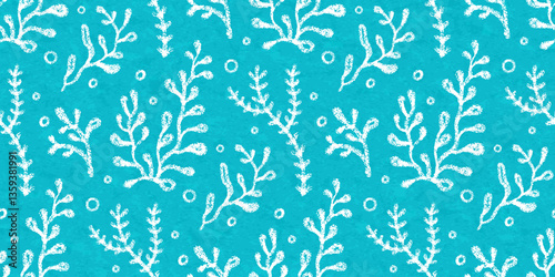 Teal seamless pattern with sea coral and plants drawn with white chalk pencils. Textured background with underwater marine reef elements, cute doodle icons of ocean seaweed. Vector illustration
