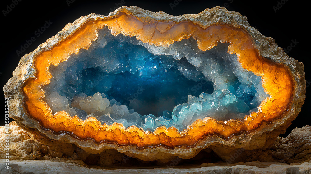 Fototapeta premium Geode's Blue Core: A mesmerizing view inside a geode, revealing a radiant blue crystalline interior framed by a warm, glowing outer layer, symbolizing natural beauty and geological wonder.