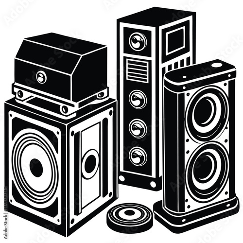 Vintage camera and speaker system with retro audio equipment and old-school stereo design