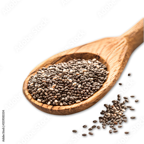 Wooden spoon filled with chia seeds isolated on transparent background