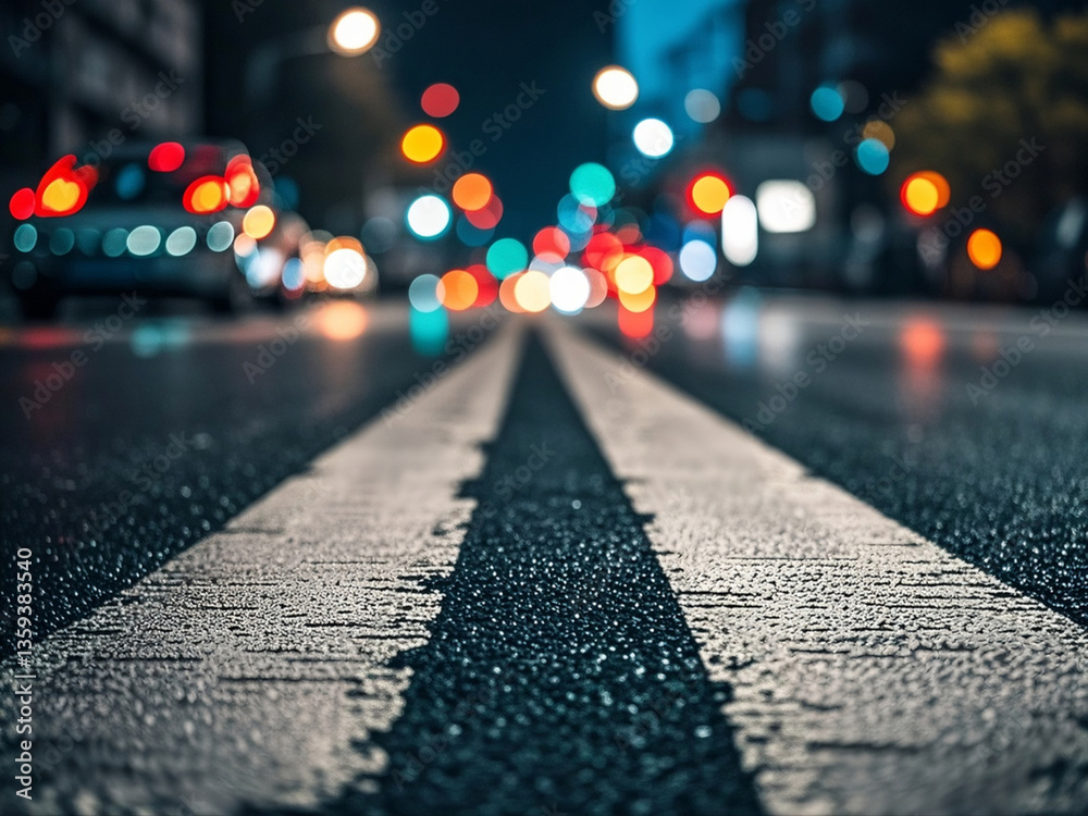 Turning asphalt road with marking lines and reflections with colorful unfocused lights on a background