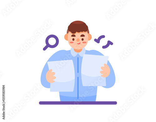 illustration of a male manager, staff or employee checking document files. rechecking report documents. crosscheck. activity, gesture and expression. flat style character design. elements
