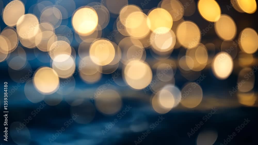 Blurred Golden Light Orbs Against Dark Blue Abstract Background Bokeh Effect Festive Illumination Holiday Lights