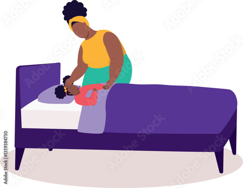 Plus Size Black Mother Black Taking Care Of Her Sick Little Girl.